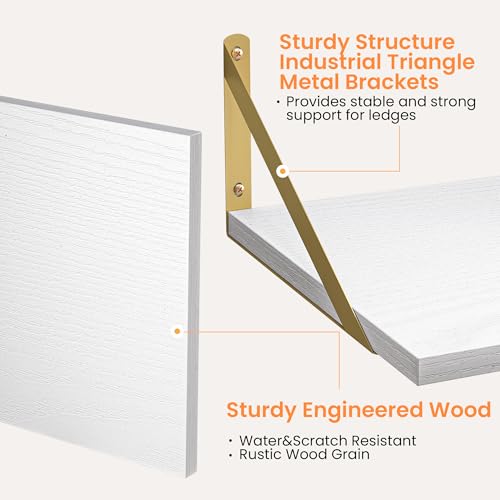 16W x 12D Deep Floating Shelves Set of 2 White & Gold (White With Golden Bracket / 16wx12dx5.8h)