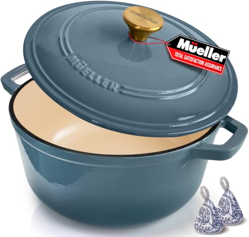 MUELLER HOME 6 Quart Enameled Cast Iron Pot Dutch Oven (6 Quart -Round / Mineral Blue)