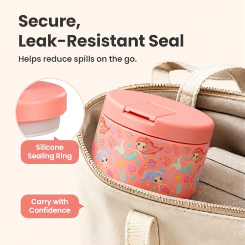12oz Insulated Vacuum Food Jar with Buckle Lid Wide Mouth Soup Thermo for Hot Food Kids Leakproof Stainless Steel Lunch Container (Pink-Mermaid / 12OZ)