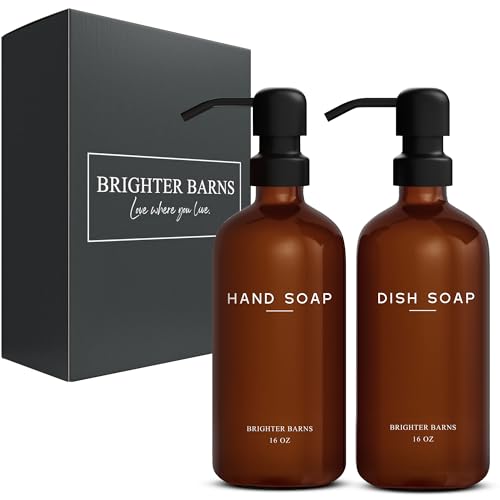 Amber Glass Hand and Dish Soap Dispenser Set by Brighter Barns (Amber Hd)