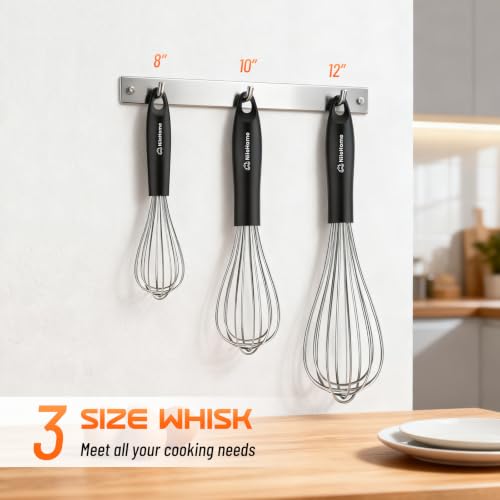 Whisk Set 8" 10" 12" Kitchen Whisk (Black-Silver / 3 Piece)