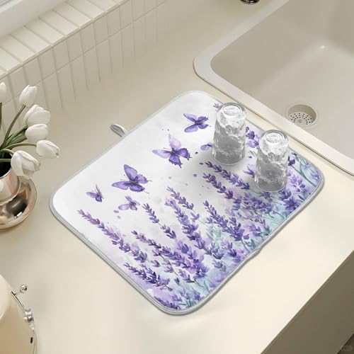 Purple Lavender Spring Summer Flower Floral Dish Drying Mat for Kitchen Counter Absorbent Microfiber Small Drying Pad Dish Mats for Kitchen Countertops 16 x 18 Inch (18" x 16")