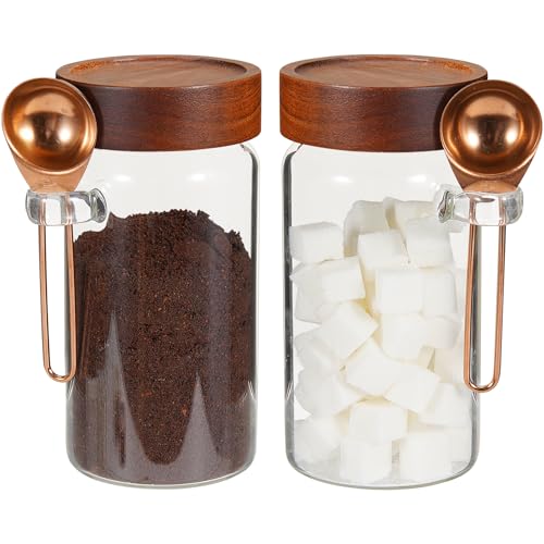 18oz Glass Coffee Jars with Scoop Wood Screw Lid Clear Round Spice Jar Herb Container Sugar Storage Bottle Canister for Seasoning Meal Prep Tea Coffee Ground Bean Salts (2×550ml(18oz)with spoon)