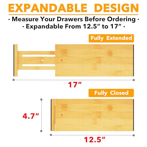 Bamboo Dresser Drawer Dividers 6 Pack (4.65''H, 12.5''-17''L / NATURAL)