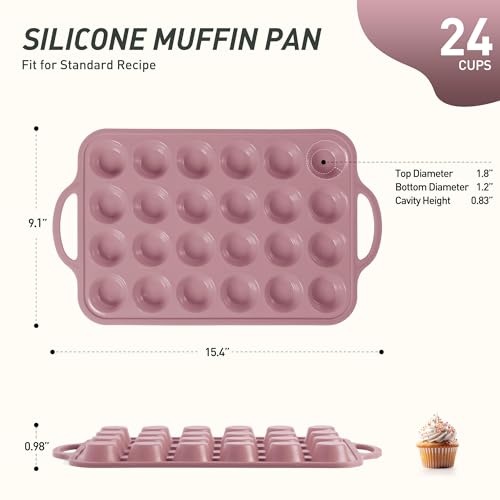 24 Cups Silicone Muffin Pan with Metal Reinforced Frame Cupcake Tray Egg Mold for Kitchen 2025 First Apartment Essentials New Home Must Haves Things House Warming Decor Housewarming Hostess Host Gifts (1pc: 24-Cup Mini / Morandi Pink)