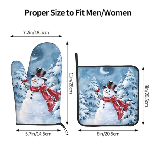 Blue Snowman Oven Mitts and Pot Holder Set of 2 Winter Snow Kitchen Gloves Potholders Heat Resistant for Chef Baking Cooking Grilling BBQ (Blue Snowman)