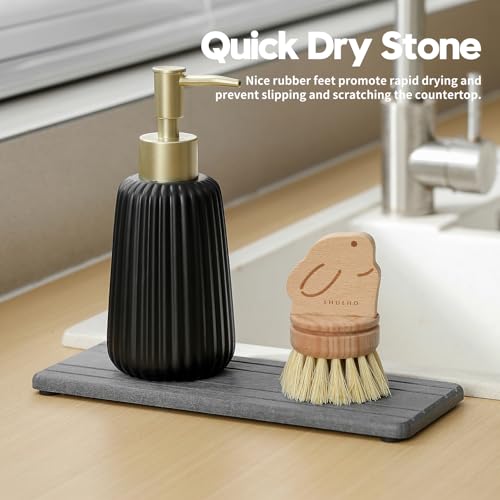 2PCS Diatomite Quick Stone Drying Tray Mat For Bathroom & Kitchen Counter (2 Pack - Charcoal Gray Grooved / 9" x 3.5")