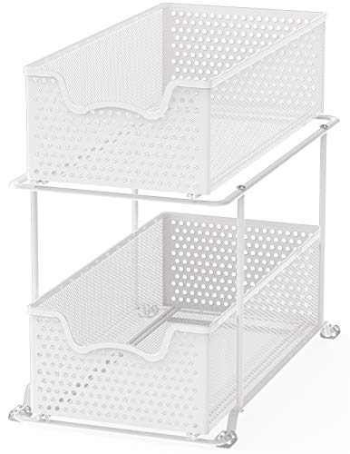 2 Tier Sliding Cabinet Basket Organizer Drawer (White / 1-Pack)