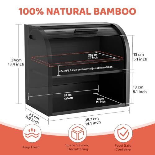 2 Tier Bamboo Bread Box for Kitchen Counter (Black / Large)