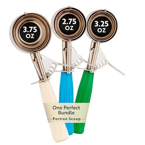 Bundle: 2.75/3.25/3.75 oz Portion Control Ice Cream Scoops, Trigger Release Dishers (Blue, Green, Ivory Handles) for Cookie Dough, Baking, Cupcake Batter (Bundle of (3.25 oz, 2.75 oz, 3.75 oz))