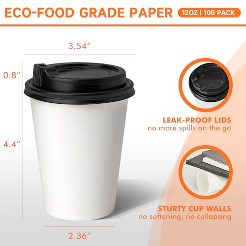 100 Pack 12 oz Disposable Coffee Cups with Lids (White / 12 oz)