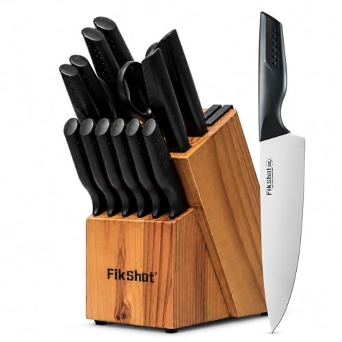 15 Piece Kitchen Knife Set with Block & Built (Natural Wood-Colored & Black)