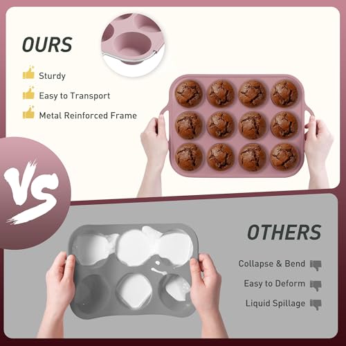 2 Packs 12 Cups Silicone Muffin Pan with Metal Reinforced Frame Regular Size Cupcake Pan Tray Egg Bites Silicone Circle Cookie Molds Muffin Tin Tart Pans Baking Sheet Set for Breakfast Sandwiches (Regular / Morandi Pink)