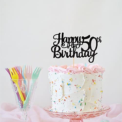 1 PCS Happy 50th Birthday Cake Topper Glitter Cheers to 50 Years Birthday Cake Pick 50 Fabulous Cake Decoration for Happy 50th Birthday Anniversary Party Decorations Supplies Black (Black / 50th)