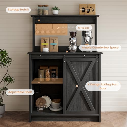 Farmhouse Coffee Bar Cabinet with Sliding Barn Door (31.5Inch / Grey)
