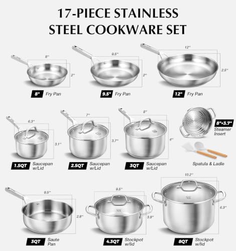 Stainless Steel Cookware Set 17 Piece with 5 Layer Base (Silver / 17 Pcs)