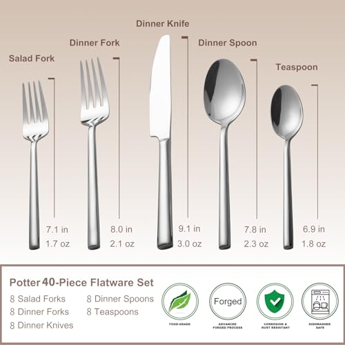 Potter 40 Piece Forged Silverware Set Stainless Steel Flatware Set Cutlery Set (Silver / 40 pieces for 8)