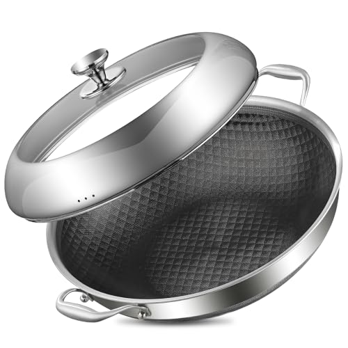 14 Inch Stainless Steel Nonstick Wok Pan with Lid 6Qt Pot (14 Inch/Double Handle)