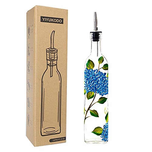 17oz Hand Painted Glass Olive Oil Bottle Dispenser (hydrangea)
