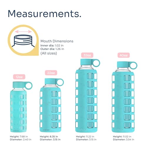 40oz / 32oz / 22oz / 12oz Borosilicate Glass Water Bottle with Time & Volume Markers, Silicone Sleeve, Stainless Steel Lid | Reusable Glass Bottle for Water & Juice (22oz Aqua Blue) (Aqua Blue (1 Count) / 22 Ounces)