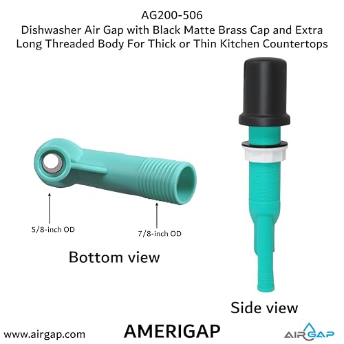 Dishwasher Air Gap with Skirted Black Matte Brass Cap and Extra Long Threaded Body for Thick or Thin Kitchen Countertops (AG200-506)