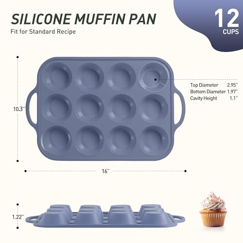 12 Cups Silicone Muffin Pan with Metal Reinforced Frame Regular Size Cupcake Pan Tray Egg Bites Silicone Rubber Cookie Molds Muffin Tin Baking Pans Tart Pan Not Stainless Steel Ceramic Aluminum (1pc: 12-Cup Regular / Morandi Blue)