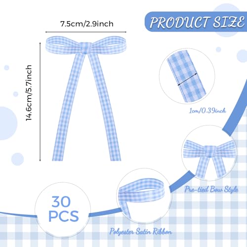 30 Pack Bow Cake Toppers Blue Gingham Ribbon Bows for Cake (Blue Plaid)