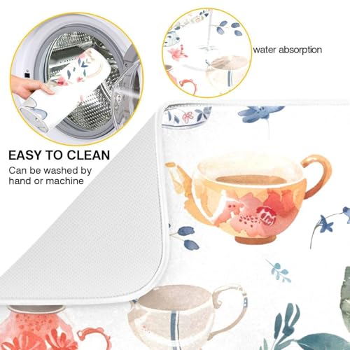 Watercolor Tea Cups Teapots Dish Drying Mat for Kitchen Counter Absorbent Microfiber Drying Pad (18" x 18")