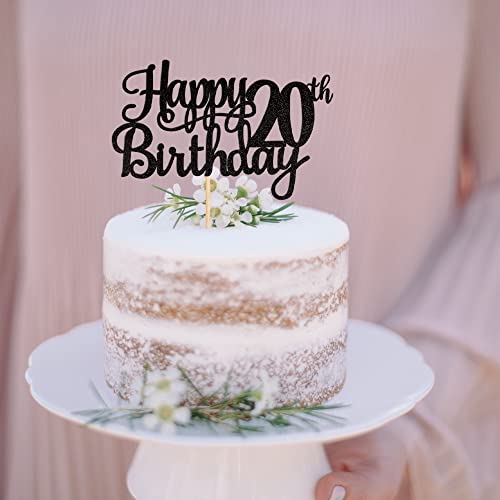 1 PCS Happy 20th Birthday Cake Topper Glitter Cheers to 20 Years Birthday Cake Pick Twenty 20 Fabulous Cake Decoration for Happy 20th Birthday Theme Party Decorations Supplies Black (Black / 20th)