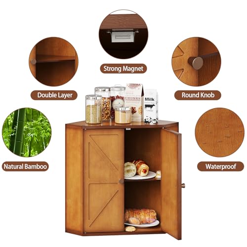 Corner Bread Box for Kitchen Counter Double Layer Bamboo Bread Storage Container Large Capacity Bread Storage Bin Farmhouse Breadbox Organizer (Antique Brown)