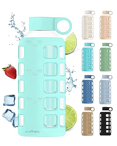 40oz / 32oz / 22oz / 12oz Borosilicate Glass Water Bottle with Time & Volume Markers, Silicone Sleeve, Stainless Steel Lid | Reusable Glass Bottle for Water & Juice (22oz Glow-in-the-Dark) (Glow-in-the-Dark (1 Count) / 22 Ounces)