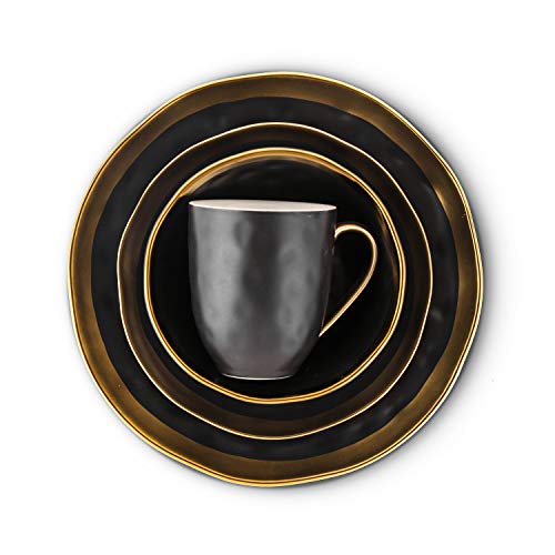 Florian Modern Porcelain 16 Piece Dinnerware Set (16-Pieces Service for 4 / Black with Gold Rim)