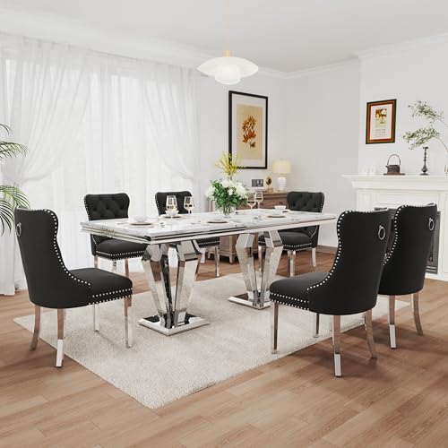 7 Piece Luxury Dining Room Set (Silver White + Black / Dining Table + 6 Velvet Chair)