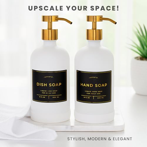 Hand and Dish Soap Dispenser for Kitchen and Bathroom (Matte White Bottle / Brushed Gold Pump)