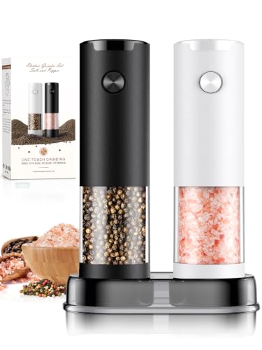Electric Salt and Pepper Grinder Set Automatic Grinder for Kitchen Battery Pepper Mill Shakers Adjustable Coarseness Upgraded Larger Capacity with Led Gifts for Mom (BlackWhite)