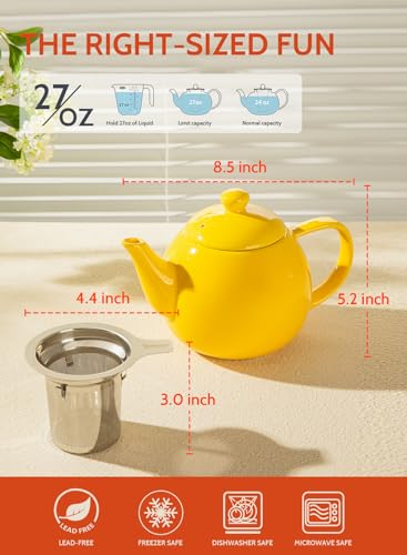 Teapot Porcelain Tea Pot with Stainless Steel Infuser (Yellow / 27oz (with infuser))