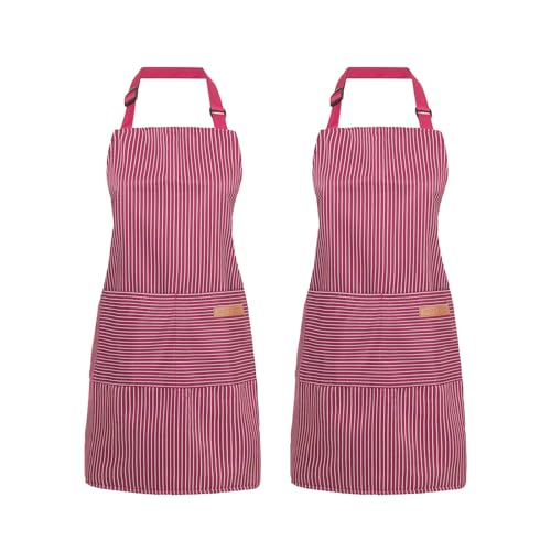 2 Pack Cooking Aprons Adjustable Bib Apron for Women with 2 Pockets (Wine Pinstripes)