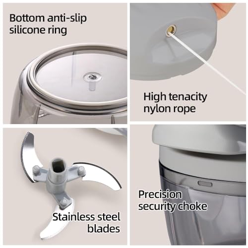 Manual Food Processor Vegetable Chopper 2.3 Cup Small Mini Hand Pull String Onion Chopper Garlic Mincer Cutter with 3 Stainless Steel Blades (Grey - 2.3 Cup)