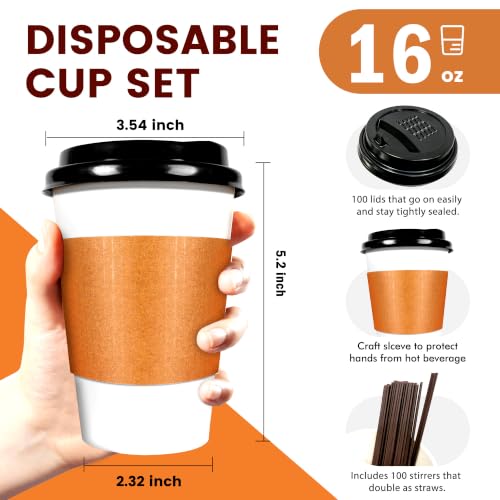 16 oz Disposable Paper Coffee Cups with Lids & Sleeves