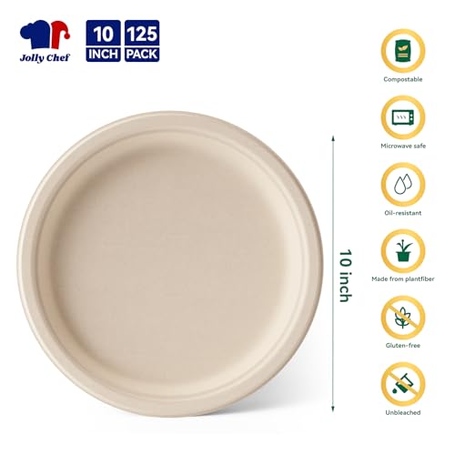 Compostable Heavy Duty Plates 𝟭𝟬 𝗜𝗻𝗰𝗵 [𝟭𝟮𝟱 𝗣𝗮𝗰𝗸] Eco (125 Count (Pack of 1) / Brown)