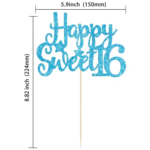 1Pc Happy Sweet 16 Cake Topper Glitter 16th Birthday Cake Pick for Cheers to 16 Years Old 16th Birthday Party Cake Decorations Supplies Light Blue