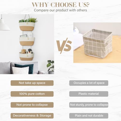 Over the Door Hanging Baskets with Wooden Button (White&Jute / 3 tier+Wooden Button)
