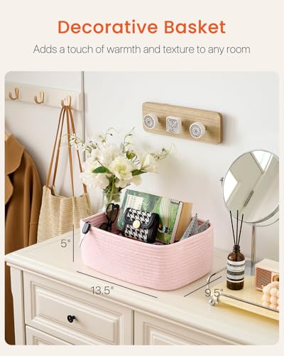 Small Woven Storage Basket for Organizing (Light Pink / 13.5"L x 9.5"W x 5"H)