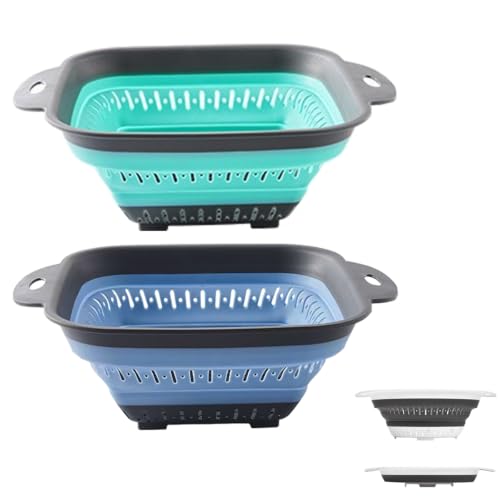 2 Pcs Collapsible Square Silicone Colander Strainer for Fruit Veggie Pasta (2.1L+2.1L / Blue and Green)