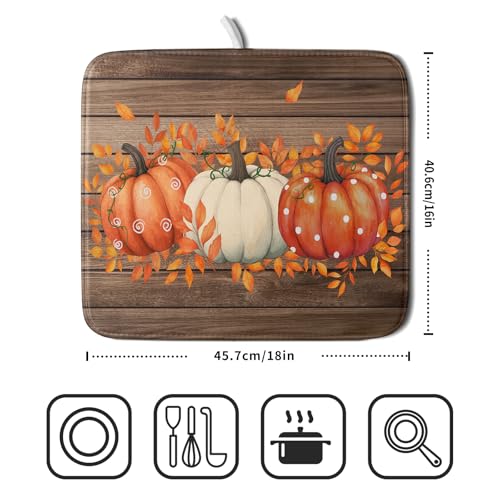 Autumn Pumpkin Dish Drying Mat Rustic Wood Dish Drainer Mats Fast Dry Microfiber Reversible Dish Drying Pad Kitchen Decoration 16x18 inch (Pumpkin Wood / 16 x 18 inch)