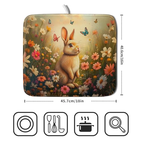Easter Bunny Dish Drying Mat Flower Butterfly Kitchen Drainer Mat 16x18 inch Absorbent Reversible Dish Rack Pad for Counter Tabletop Decor (Easter Bunny Flower / 16" x 18")