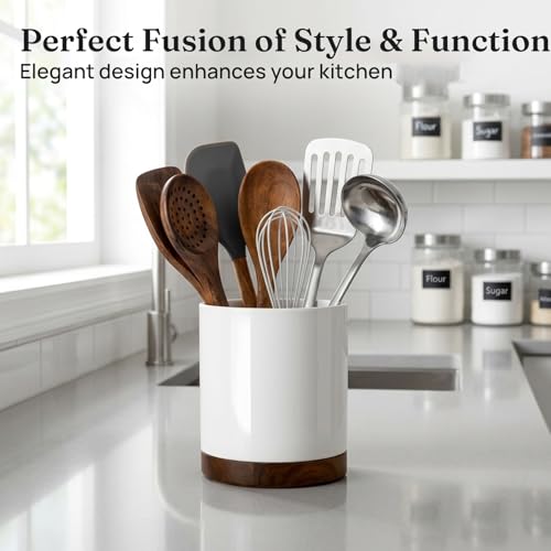 Ceramic Rotating Utensil Holder for Countertop Kitchen Organizer White (White)