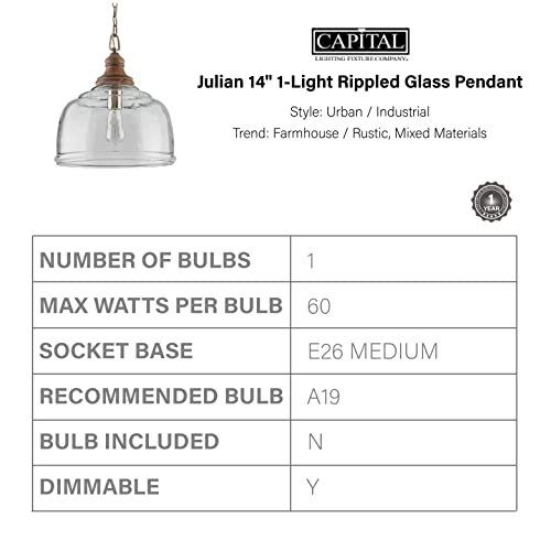 Capital Lighting 330318GY Julian Coastal Style Clear Organic Rippled Glass Pendant with Handcrafted Mango Wood Finial (Grey Wash)