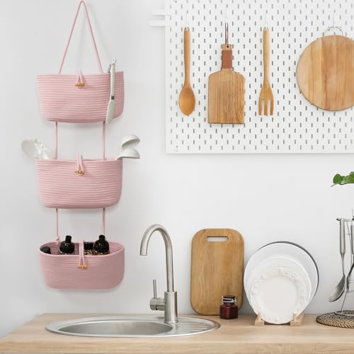 Over the Door Hanging Baskets with Button Strap (Pink / 3 tier+Button)