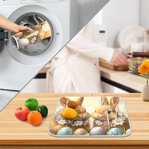 Cute Rabbit Bunny Easter Eggs Dish Drying Mat for Kitchen Counter Absorbent Microfiber Large Drying Pad Dish Mats for Kitchen Countertops 18 x 24 Inch (24" x 18")